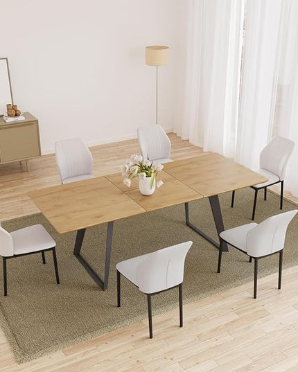 63"-79" Expandable Dining Table Set for 6, Wood Table & 6 White Chairs, Extendable Kitchen Dining Table Set for Kitchen & Dining Room, Modern Oak & White