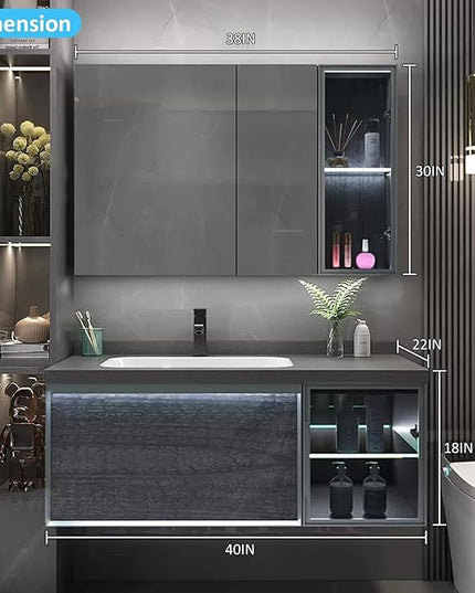 40IN Bathroom Vanity - Bathroom Vanity with Sink Combo, Motion Sensor Light Indoor & Transparent Glass Cabinet Doors | Floating Vanity with Grey Storage Cabinet