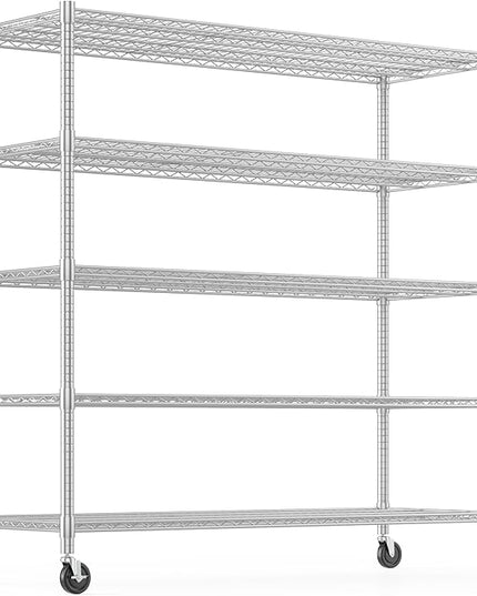 Himimi Storage Shelves with Wheels, 5-Tier Heavy Duty Steel Wire Rack Storage Shelving, Adjustable Metal Storage Shelves for Garage Kitchen Pantry Bathroom Laundry 18" D*60" W*82" H, Silver