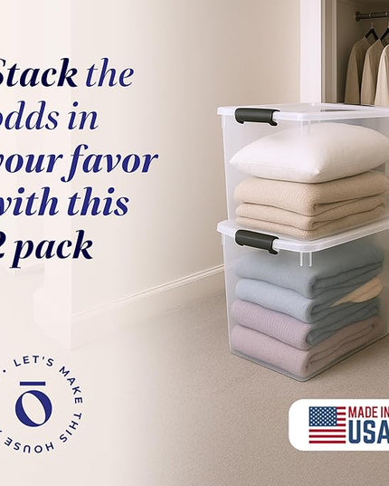 HOMZ 2-Pack Latching Lid, Large Clear Plastic Storage Bins w/Lids, 112 Quart, Gray Latch - Stackable Container Boxes for Home, Bathroom, and Office Organization