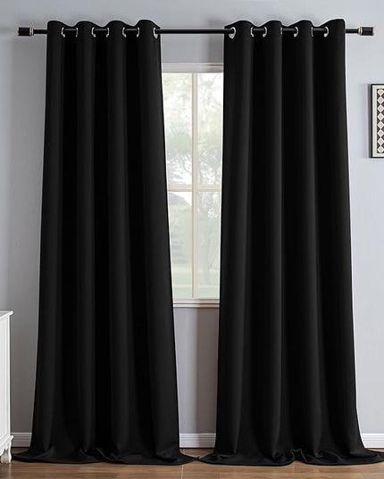 Black Blackout Curtains 108 Inch Length 2 Panels Set, Black Out Curtains for Bedroom 108 Inch Long, Grommet Energy Saving Room Darkening Drapes for Living Room Window(W52 x L108)