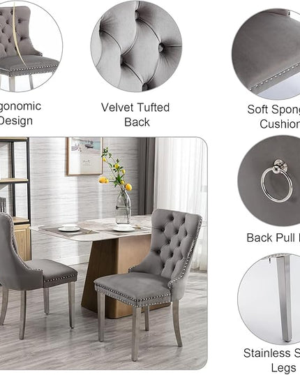 Glass Dining Table Set for 2, Square 36" Dining Table with Silver Cross Metal Leg, 2 Gray Velvet Dining Chairs with Stainless Steel Legs, Modern Glass Kitchen Table and Chairs Set for Small Space
