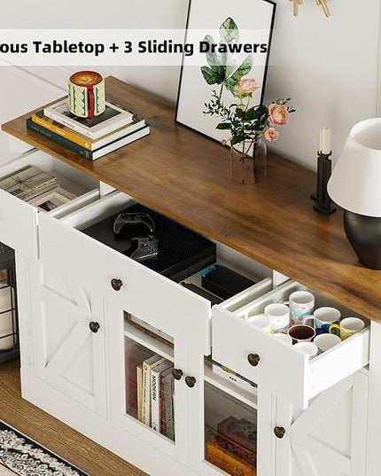 4 EVER WINNER 55" Buffet Cabinet with Storage, Farmhouse Coffee Bar Cabinet with Glass Doors and Drawers, Sideboard Cabinets with Adjustable Shelves for Living Room, Kitchen, White