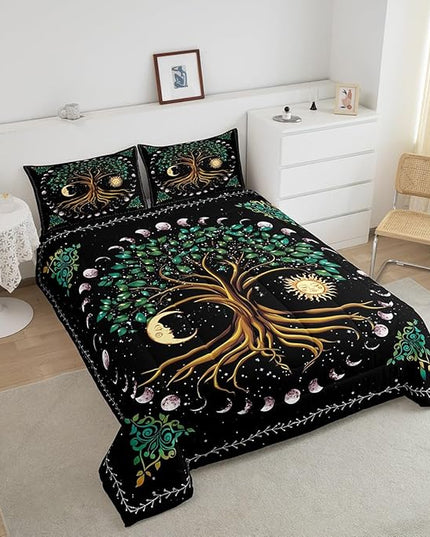 Manfei Tree Artwork Kids Comforter Set Twin Size,Sun Moon Starry Sky Galaxy Trippy Bedding Set,Boys Girls Adults Room Decor,Boho Exotic Psychedelic Down Comforter,Watercolor Duvet Insert,1 Pillowcase