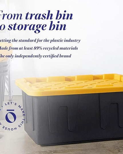 HOMZ 2-Pack Durabilt, Heavy Duty Plastic Storage Bins with Lids, 27 Gallon, Black/Yellow - Stackable Container Boxes for Home, Attic, and Garage Organization