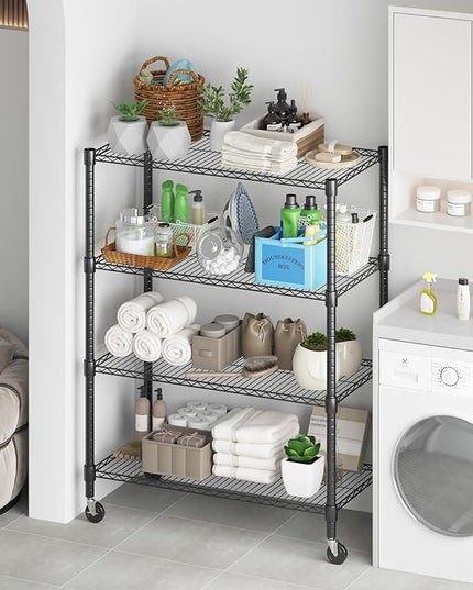 Himimi 18" D×36" W×72" H Storage Shelves with Wheels Metal Wire Shelving Unit 4 Tier Adjustable Shelving Heavy Duty Garage Shelf Organizer Rack Loads 1600LBS，Black