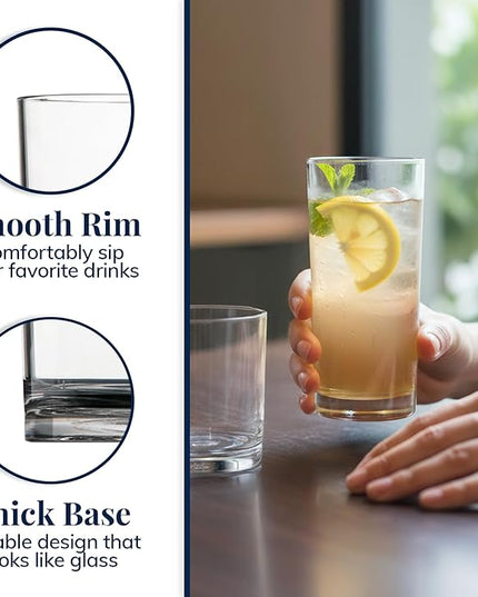 US Acrylic Classic Clear Plastic Reusable Drinking Glasses (Set of 8) 12oz Rocks & 16oz Water Cups | BPA-Free Tumblers, Made in USA | Top-Rack Dishwasher Safe