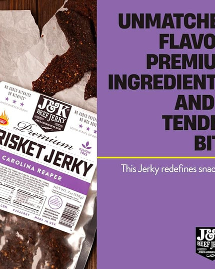 J&K Jerky Carolina Reaper Beef Brisket Jerky - Small Batch American Made Slab Beef Jerky's Spicy and Savory Snack with a Kick - Bold & Flavorful Snack! - 7oz Big Bag of Jerky's