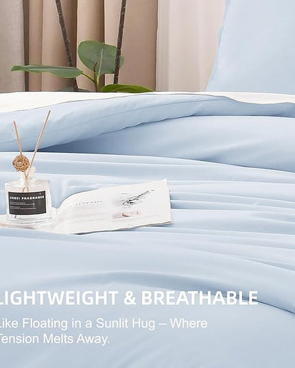 Litanika Comforters Light Blue Full Size, 3 Pieces Lightweight Solid Bedding Comforter Set, All Season Fluffy Bed Set (79x90In Comforter & 2 Pillowcases)