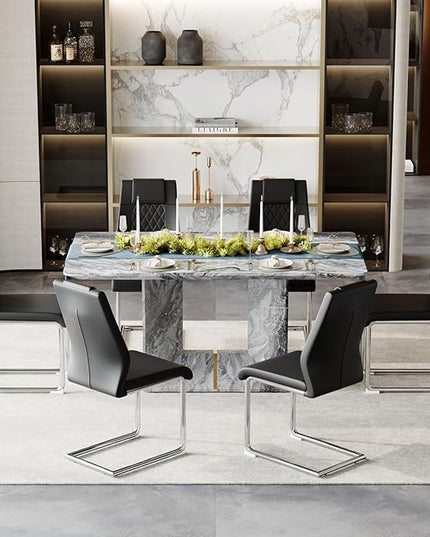 Dinner Table Set for 6, 7 Piece Dining Table Set with Chairs, 63" Faux Marble Modern Table with 6 PU Leather Upholstered Chairs, for Kitchen & Dining Room
