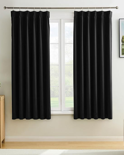 KEQIAOSUOCAI Short Pinch Pleated Blackout Curtains 72 Inch Long 2 Panels for Bedroom Thermal Insulated Black Out Window Curtain Pinched Pleat Drape with Hooks (W40 x L72 Inch, Black)