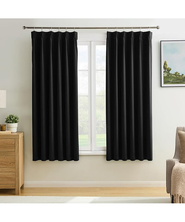KEQIAOSUOCAI Short Pinch Pleated Blackout Curtains 72 Inch Long 2 Panels for Bedroom Thermal Insulated Black Out Window Curtain Pinched Pleat Drape with Hooks (W40 x L72 Inch, Black)