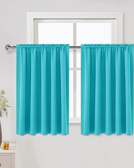 DWCN Thermal Short Blackout Curtains for Bedroom/Kitchen, Energy Saving Room Darkening Curtains for Nursery/Bedroom/Kitchen(W60 x L36inch, Turquoise, Set of 2 Panels, Top of Rod Pocket)