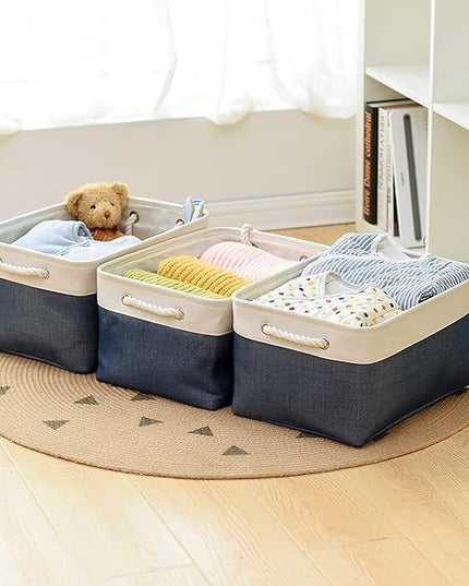TheWarmHome Storage Bins for Shelves - 1 Pack 15.7x11.8x8.3 inch Fabric Storage Cubes, Storage Basket for Organizing Gift Laundry Cloth Toy Room (White & Jean Blue)