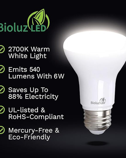 Bioluz LED Light Bulb BR20 Light Bulbs 2700K Bright Warm White LED Bulbs 6W=50W Replacement 90 CRI 540 Lumen Indoor/Outdoor UL Listed CEC Title 20 Compliant Home Decor LED Lights for Bedroom - 10 Pack