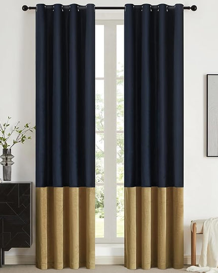BULBUL Color Block Window Curtains Panels 102 inches Long Navy Blue Gold Velvet Farmhouse Drapes for Bedroom Living Room Darkening Treatment with Grommet Set of 2