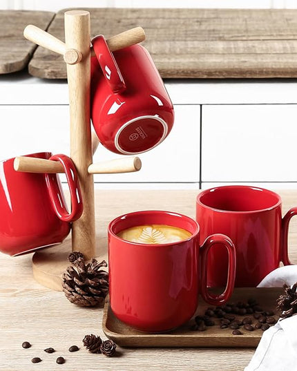 vicrays Ceramic Coffee Mug Set - 18 Ounce Large Stoneware Mug for Men Women - Unique Glazed Porcelain Mugs with Handle for Coffee Latte Tea Milk Cocoa - Set of 4 (Red)
