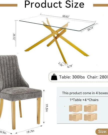 Rectangle Glass Dining Table Set for 4, 60'' Kitchen Table and Chairs Set, 5PCS Modern Dining Room Table Set with 4 Dining Chair for Home