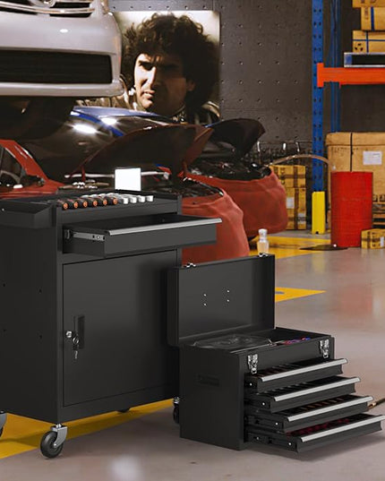 5-Drawers Tool Chest, 2-in-1 Rolling Tool Box with Wheels and Drawers, Detachable Storage Toolbox with Lock, Heavy-Duty Metal Tool Cart for Garage, Workshop (Black)