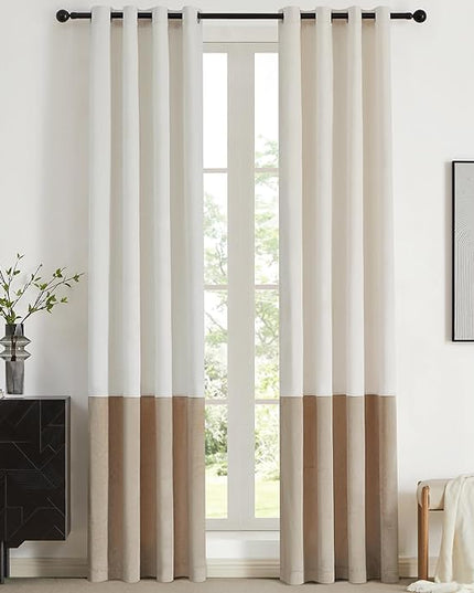 BULBUL Color Block Window Curtains Panels 90 inches Long Cream Ivory Champagne Velvet Farmhouse Drapes for Bedroom Living Room Darkening Treatment with Grommet Set of 2