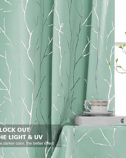 BUHUA Branches Tree Print Blackout Curtains for Living Room Darkening Curtains Print Pattern Light Blocking Curtains for Bedroom 52W×95L Aqua 2 Panels