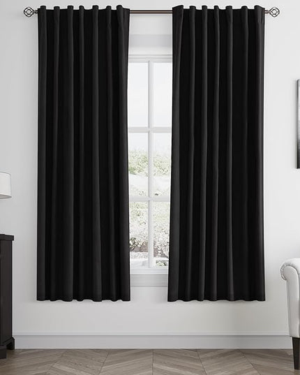 Guken Black Linen Blackout Curtains 63 Inch Length 2 Panels Set for Living Room Bedroom Back Tab Thermal Insulated 100% Black Out Linen Drapes Room Darkening Window Curtains 63 Inches Long