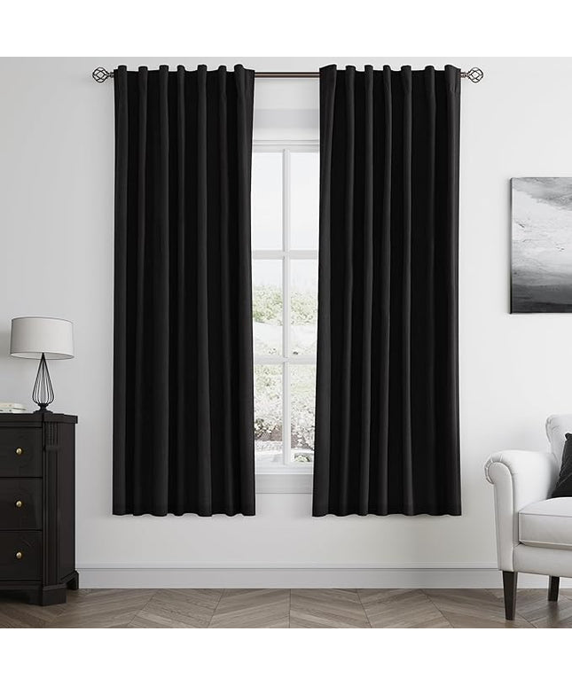 Guken Black Linen Blackout Curtains 63 Inch Length 2 Panels Set for Living Room Bedroom Back Tab Thermal Insulated 100% Black Out Linen Drapes Room Darkening Window Curtains 63 Inches Long