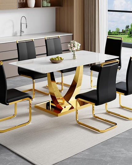 63” Dining Room Table Set for 6,Modern Gold Dining Table Set for 6 with Leather Chairs, White Faux Marble Dinner Table Set with Tempered Glass Top and Golden Base