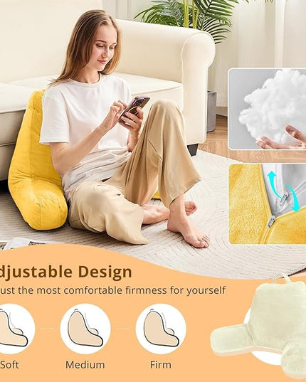 Sasttie Reading Pillow, Velvet Back Pillow for Bed Sitting Up, Adult Back-Rest Support Cushion with Arms for Sit Up on Couch, Sofa, and Floor, Dorm Essentials, Reading Accessories, Yellow