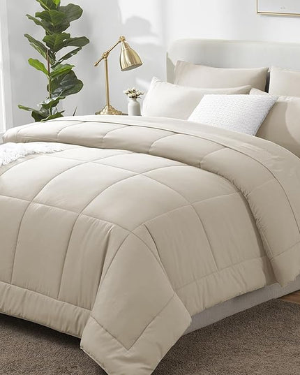 CozyLux Full Size Comforter Sets Oatmeal, 7 Pieces Bed in a Bag, Oatmeal Comforter Full Size, All Season Bedding Sets with Stitch Quilted Comforter, Flat Sheet, Fitted Sheet, Pillowcases