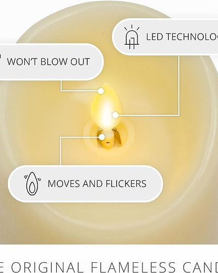 Luminara Realistic Flameless LED Set of 3 Ivory Pillar Candles, Home Safe Moving Flame Melted Top Illumination, Battery Operated Remote Control w/Timer