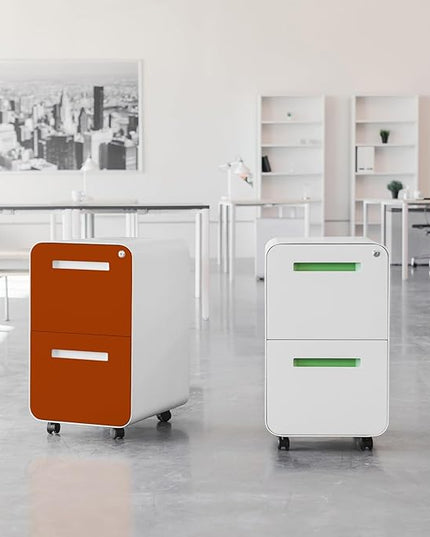 Laura Davidson Furniture Stockpile 2 Drawer Mobile File Cabinet with Lock - Under Desk Metal Filing Cabinet, Legal/Letter File Folders, Wheels and Stationary Feet, Pre-Assembled, White/Orange