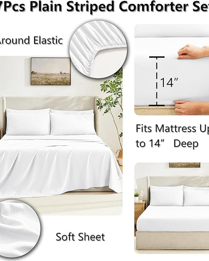 CozyLux Full Size Comforter Sets White, 7 Pieces Bed in a Bag, White Comforter Full Size, All Season Bedding Sets with Stitch Quilted Comforter, Flat Sheet, Fitted Sheet, Pillowcases