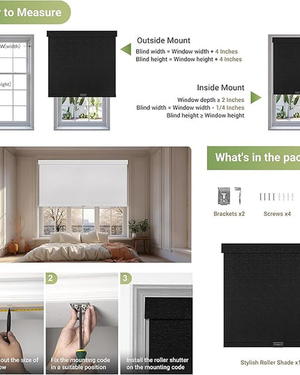 Blackout Roller Shades for Indoor Windows, Cordless Jacquard Fabric-Matched Roller Blinds, Easy to Install Privacy UV Protection Roll Up Blinds for Home Office, Black, Custom Size