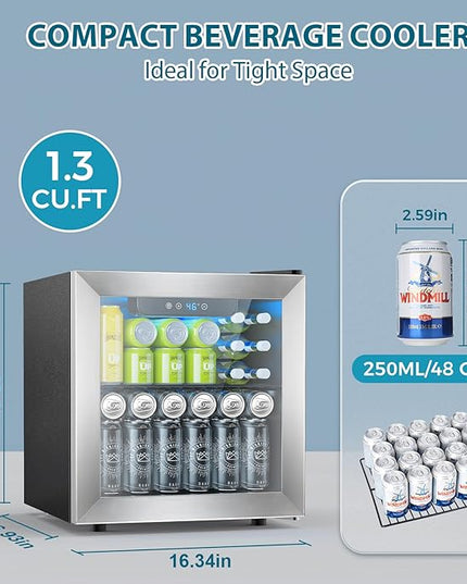 48 Can Beverage Refrigerator,12 Bottle Wine Cooler with Stainless Steel Glass Door, Digital Temperature Display, Countertop Mini Fridge for Soda, Wine or Beer, Silver