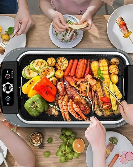 Techwood Indoor Grill Smokeless Grill, 1500W Indoor Korean BBQ Electric Tabletop Grill with Tempered Glass Lid, Removable Grill and Griddle Plates with Drip Tray, Gray