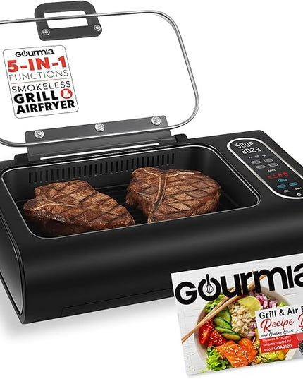 Gourmia Smokeless Indoor Grill & Air Fryer with Recipe Book – Electric Grill for Indoor Use, 5‑in‑1 Countertop Cooker, Cast-Iron Grate, 1650W, Glass Lid, Dishwasher-Safe Plates
