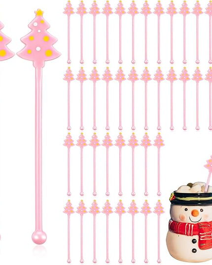 30 Pcs Christmas Drink Stirrers Xmas Stir Stick Holiday Coffee Swizzle Stick Reusable Plastic Hot Cocoa Bar Chocolate Decoration Cocktail Mixer(Christmas Tree,Pink Color)
