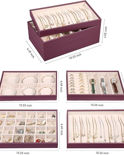 LANDICI Stackable Jewelry Organizer Trays 4 Set,PU Leather Jewelry Organizer Drawer,Jewelry Storage Display Tray for Earring Necklace Rings Bracelet with Removable Dividers,Purple