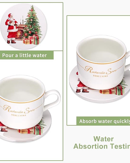 Christmas Coasters Set of 6 Christmas Tree Coasters Gifts with Holder Round Ceramic Absorbent Drink Coaster for Holiday, Coffee Table Decor