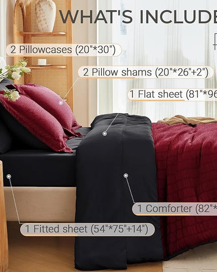 MUXHOMO 7 Pieces Full Comforter Set, Seersucker Bed in a Bag Full Size, All Season Luxury Bedding Set with Comforter, Flat Sheet, Fitted Sheet, Pillowcases & Shams, Red & Black