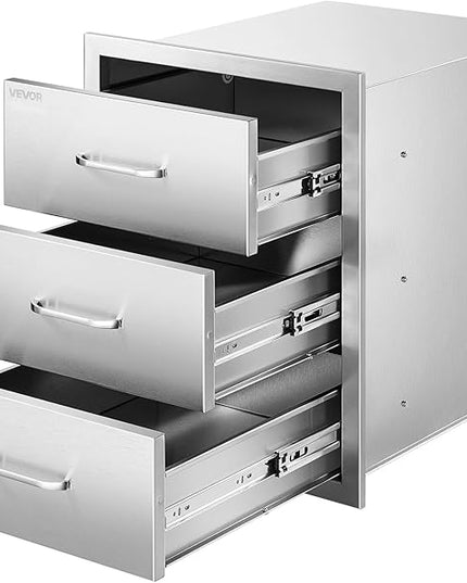 VEVOR Outdoor Kitchen Drawers 18.11" W x 23.23" D x 23.23" H, Triple-Access Stainless Steel Modular Drawer Cabinet with Handles, BBQ Island Drawer for Outdoor Kitchen or BBQ Island Patio Grill Station
