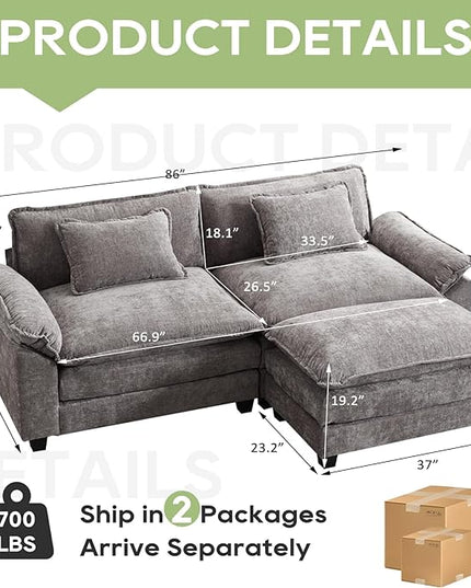 86" Modular Sectional Sofa, Comfy Cloud Couch Sectional Sofa with Ottoman, Chenille Sofa Sleeper Deep Seat Sofa with Throw Pillows for Living Room (Light Gray, 86"- L Shape)