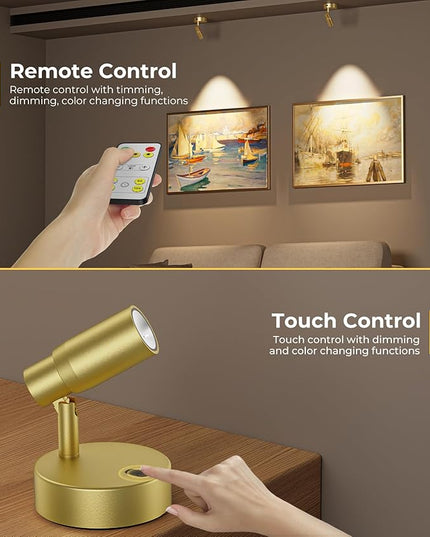 PESUTEN Spot Lights Indoor, Rechargeable Picture Light with Remote, Dimmable CCT Spotlight for Wall Art, 6000mAh Battery Uplights Indoor with Timer for Plant Artwork Painting Sofa Corner Light Gold