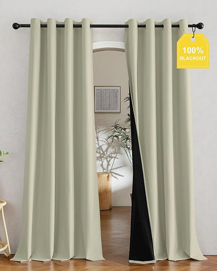 NICETOWN 100% Blackout Muted Beige Curtains 84 inches Long, Grommet Energy Saving Thermal Insulated Window Treatments Lightweight for Bedroom/Home Office, W52 x L84, 2 Panels