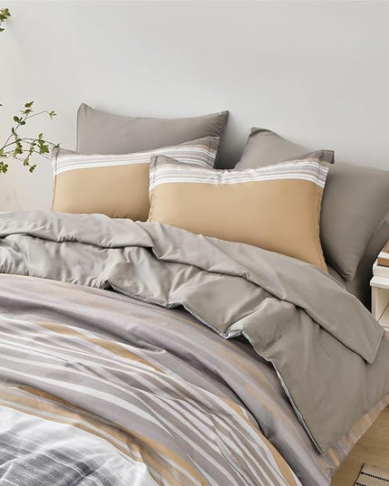KAKIJUMN 7 Piece Bed in a Bag Stripe Comforter Set King Size, White Grey Khaki Patchwork Striped Comforter and Sheet Set, All Season Soft Microfiber Complete Bedding Set(Khaki,King)