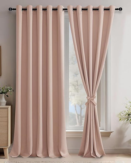JIUZHEN Blackout Curtains with Tiebacks - Thermal Insulated, Light Blocking and Noise Reducing Grommet Curtain Drapes for Bedroom and Living Room, Set of 2 Panels, 60 x 96 Inch Length, Blush Pink