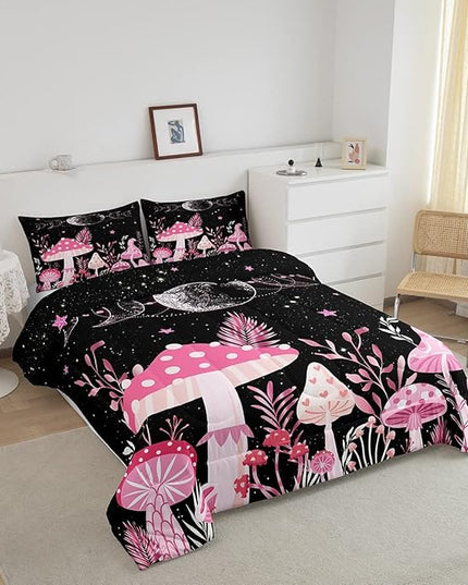 Mushroom Kids Comforter Set Full Size,Sun Moon Starry Sky Planet Romantic Bedding Set,Boys Girls Adults Room Decor,Plants Leaves Boho Trippy Down Comforter,Pink Dreamy Duvet Insert,2 Pillowcases