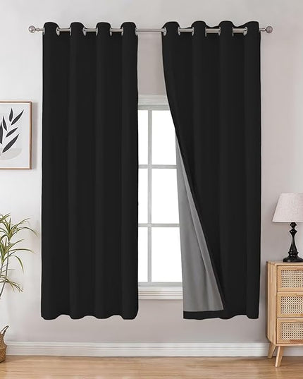 Joydeco 100% Blackout Curtains 72 Inch Long, Black Black Out Curtains for Bedroom Windows, Room Darkening Thermal Insulated Short Textured Grommets Drapes for Living Room