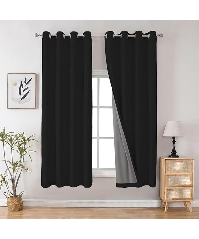 Joydeco 100% Blackout Curtains 72 Inch Long, Black Black Out Curtains for Bedroom Windows, Room Darkening Thermal Insulated Short Textured Grommets Drapes for Living Room